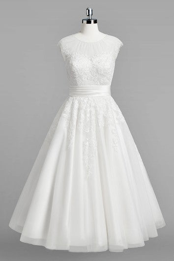 Jewel Neck Cap Sleeve A-Line Lace Wedding Dress With Ruched Belt