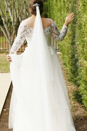 Modern A Line Lace Floor-length Long Sleeve Illusion Wedding Dress with Appliques