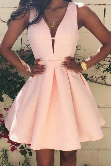 Strapless Deep V Neck A-line Short Satin Dress