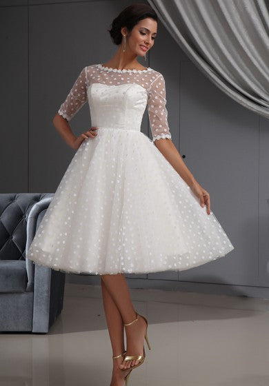 Half-Sleeve Illusion Knee-Length Short Dress With Lace and Dot