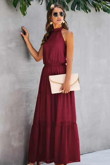 Simple Chiffon Halter A Line Sleeveless Prom Formal Dress With Ruffles