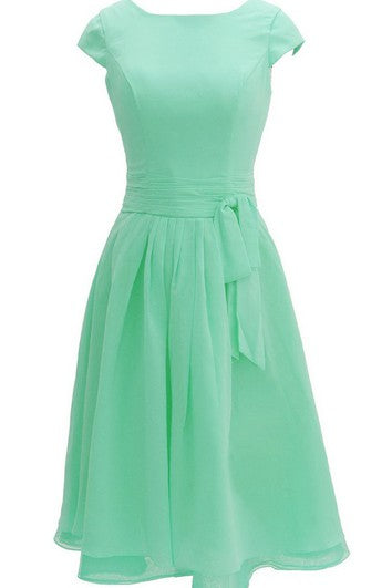 Cap-sleeved Knee-length Chiffon Dress With Ribbon