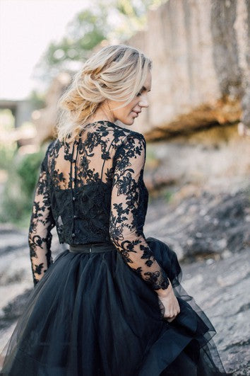 A-Line  Black Wedding Dress Scoop Long Sleeve Button Illusion Back With Appliques Lace Pleats Sash/Ribbon