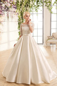 Ball Gown Long Bateau Half-Sleeve Illusion Satin Dress With Lace