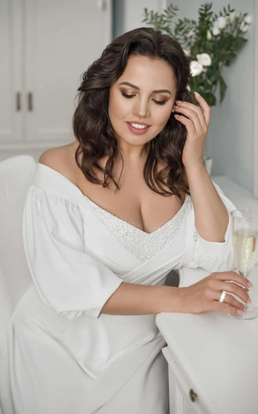 Scoop-neck Chiffon Puff-sleeve Ruched Empire Plus Size Wedding Dress