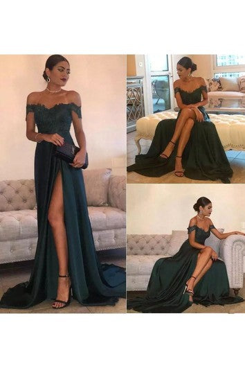 Off-the-shoulder A-line Floor-length Court Train Sleeveless Chiffon Lace Evening Dress with Zipper Back