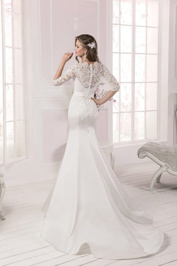 Half Sleeve Lace Top Long Mermaid Dress with Crystal Detailing