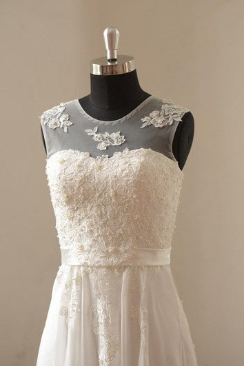 Jewel Neck maneveless A-Line Pliseed Chiffon Vestido con corpiño de encaje