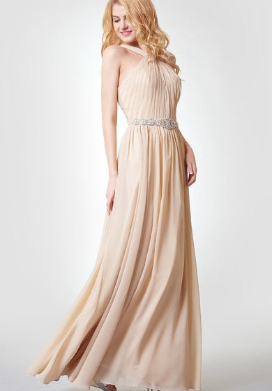 A-line Pleated Long Chiffon Dress With Straps and Sash