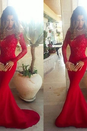 Sexy Red Lace Appliques Mermaid Prom Dress Sweep Train Long Sleeve