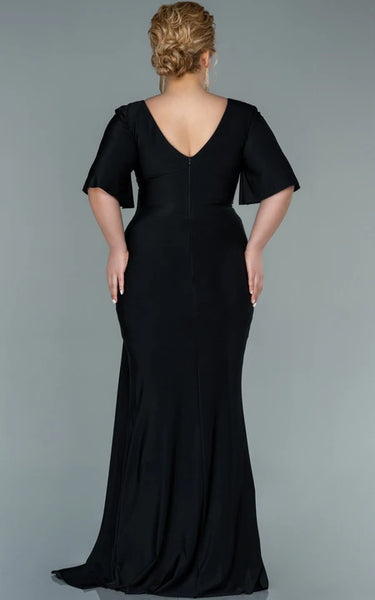 Charming V-neck Half-sleeve Sheath Mermaid Ruched Front Split Plus Size Evning Dress