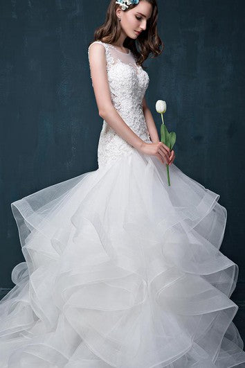 Illusion Neckline Beading Appliques Keyhole Back  Lace and Organza Dress