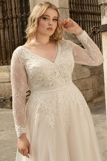 Simple V-neck A Line Wedding Dress with Appliques and Train