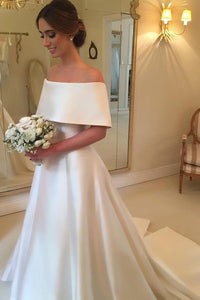 Simple A Line Satin Court Train Wedding Dress with Ruching