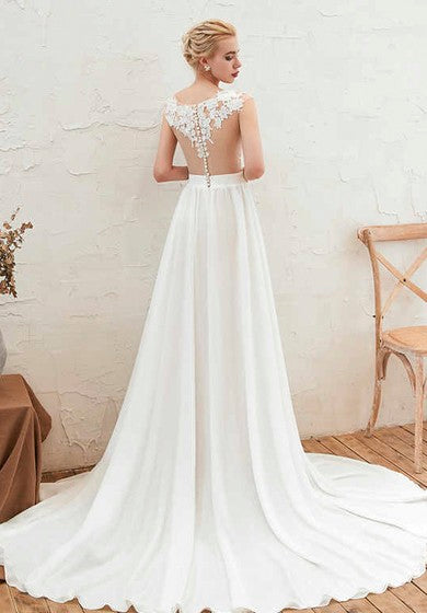 Illusion Lace Appliqued Cap Sleeve Elegant A-line Split Front Chiffon Bridal Gown