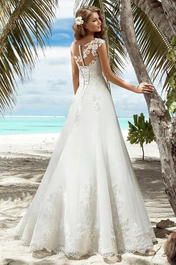 A-Line Floor-Length V-Neck Sleeveless Lace-Up Organza Dress With Appliques