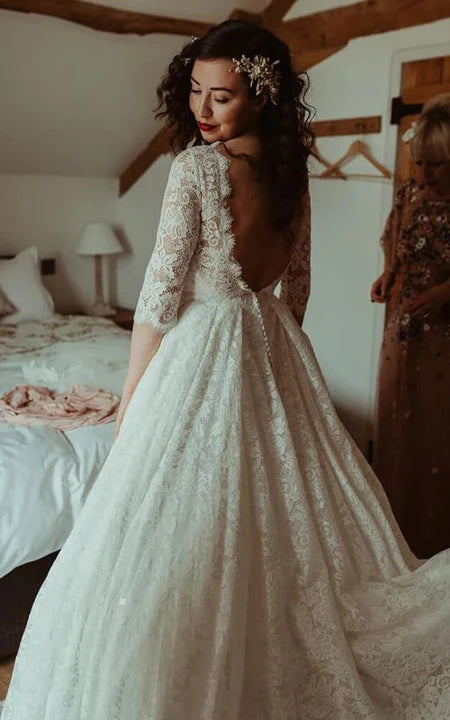 Lace Backless Half-sleeve Empire A-line Vintage Wedding Dress