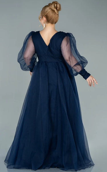 Off-the-shoulder Slit Front illusion Long Sleeve Plus Size Mother of Bride Dress with Zipper Back