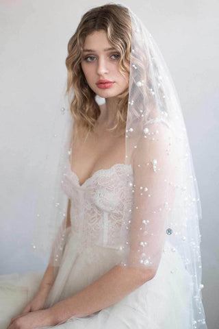 Romantic Fingertip Tulle Wedding Veil with Pearls