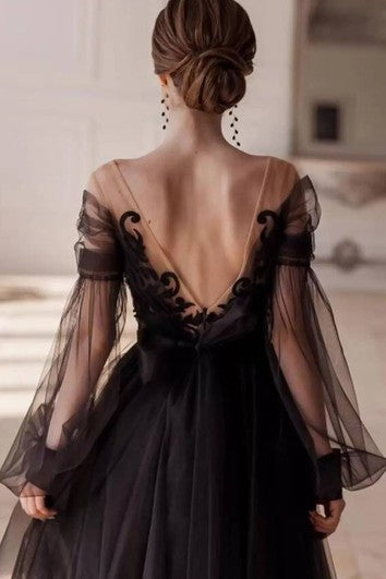 Romantické večerní šaty s aplikacemi, dlouhým rukávem, tylové, do kotníku, áčkového střihu