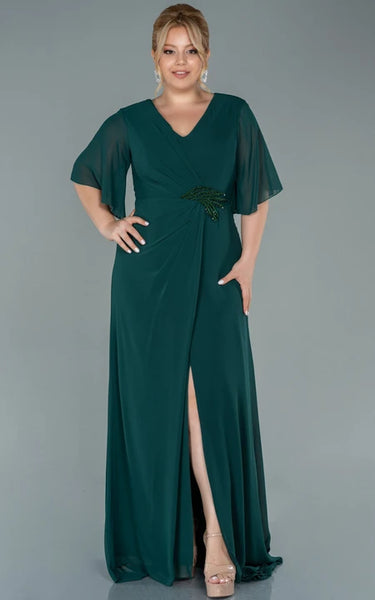 Elegant Half-sleeve V-neck Empire Chiffon Slit Front Draped Plus Size Mother of Bride Dress