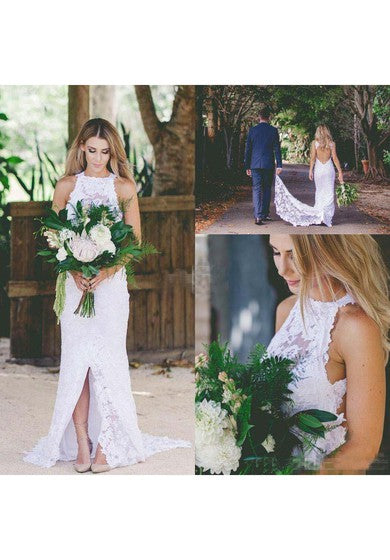 Sexy Bohemian High Neck Front Beach Playa simple Vestido de novia sin espalda sin espalda