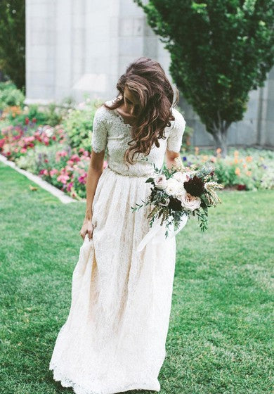 Mangas cortas Modest A-Line Longitud Boho Lace Gown con cremallera hacia atrás