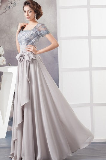 Chiffon Pleated Illusion Caped Sleeve and Gown With Bow