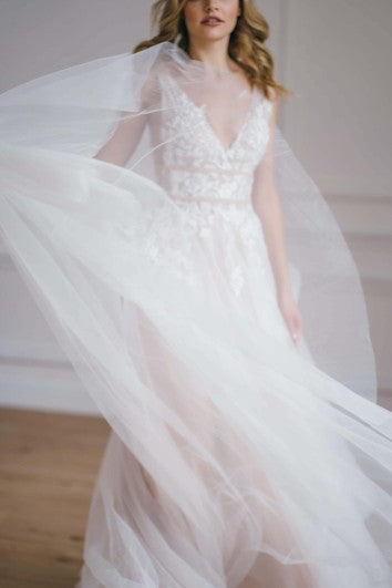 Ethereal A Line Lace Floor-length Sleeveless Open Back Wedding Dress with Appliques