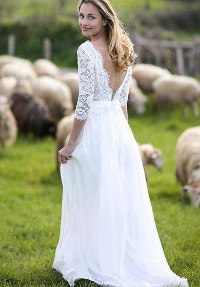 Romantic V-neck Chiffon Lace A Line Floor-length 3/4 Length Sleeve Wedding Dress