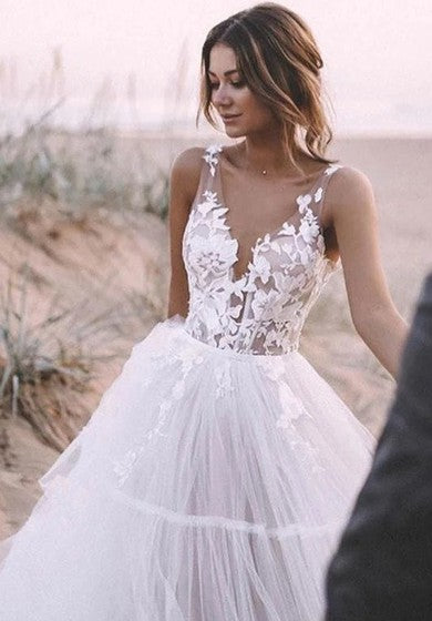 Jednoduché krajkové tylové plesové šaty s V-výstřihem, podlahové délky, bez rukávů, svatební šaty s aplikacemi