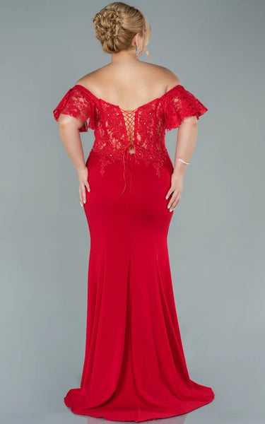 Sexy Off-the-shoulder Sheath Front Split Chiffon Prom Plus Size Dress with Lace Applique