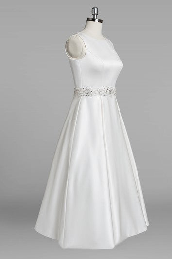 Jewel Neck Sleeveless A-Line Tea-Length Satin Wedding Dress With Beading