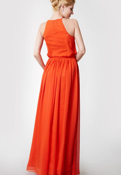 Sleeveless Pleated High Neck Chiffon Dress With Sash