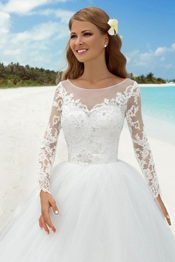 Ball Gown Floor-Length Bateau-Neck T-Shirt-Sleeve Illusion Tulle Dress With Beading And Appliques