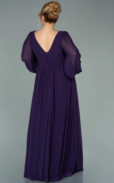 Chiffon V-neck Long Sleeve Front Split Pleated Evning Plus Size Dress