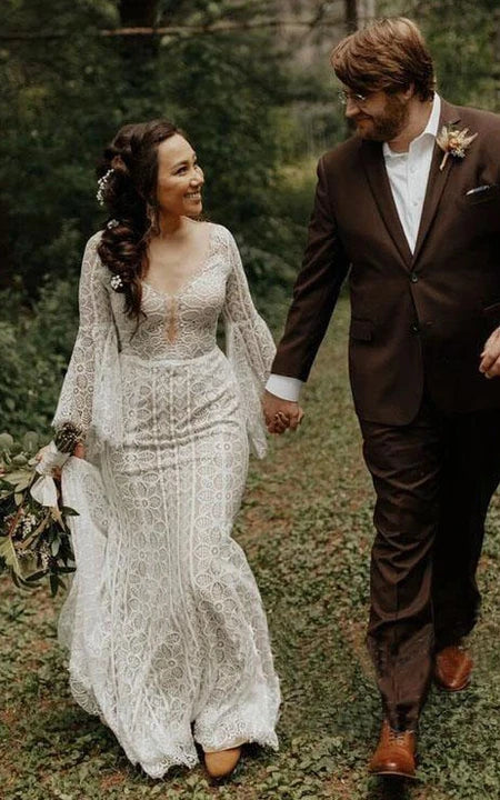 Vestido de boda de caracol de hojaldre hippie con cuello en V