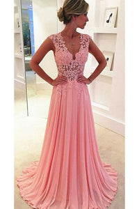 Beautiful Pink Sleeveless Lace Appliques Prom Dresses Long Chiffon