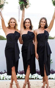 Black Ruched Pencil Tea-length Bowed Bridesmaid Dress