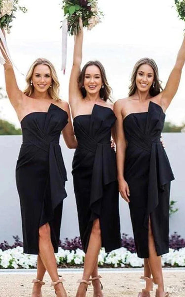 Black Ruched Pencil Tea-length Bowed Bridesmaid Dress