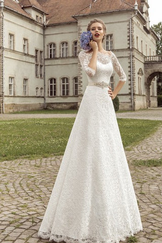 Scalloped Neckline Half Sleeve Floor-length A-line Lace-up Dress With Crystal Detailing