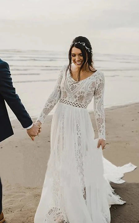 Boho Lace Beach Sheath Chiffon Empire Long Sleeve Wedding Dress Ms. Grace Boho Lace Beach Sheath Chiffon Empire Long Sleeve Wedding Dress Ms. Grace