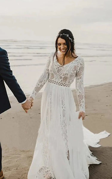 Boho Lace Beach Sheath Chiffon Empire Long Sleeve Wedding Dress