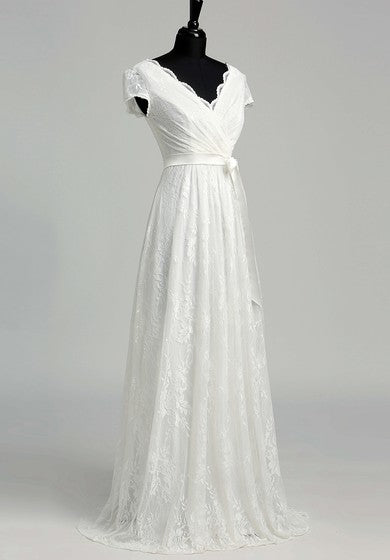 A Line Garden Cap Short Sleeve Wedding Dress