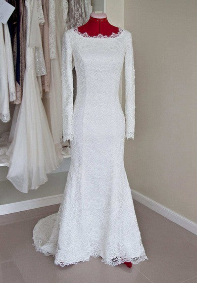 Scalloped-Neck Satin Lace Button Wedding Dress With Zipper