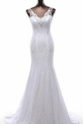 Trumpet V-Neck Sleeveless Beading Sweep Train Lace-Up Back Lace Dress