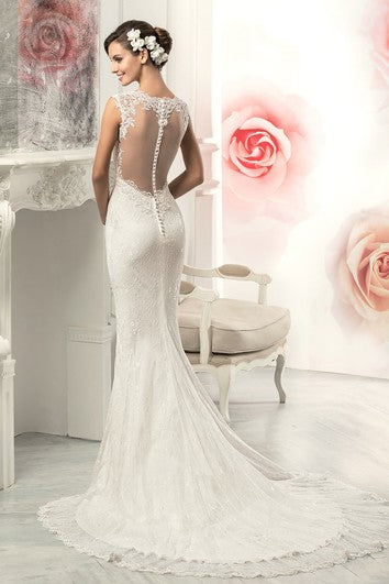 Sheath Long Jewel Sleeveless Illusion Lace Dress With Appliques And Pleats