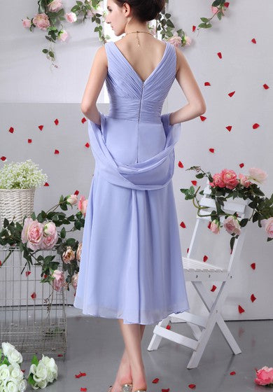 Chiffon V-Neck Tea-Length Dress With Criss-Cross Ruching