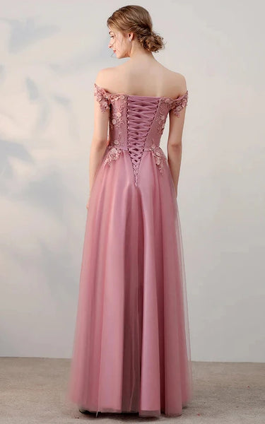 Blush Off-the-shoulder Empire Tulle Lace Applique Pleated Floor-length Prom Dress