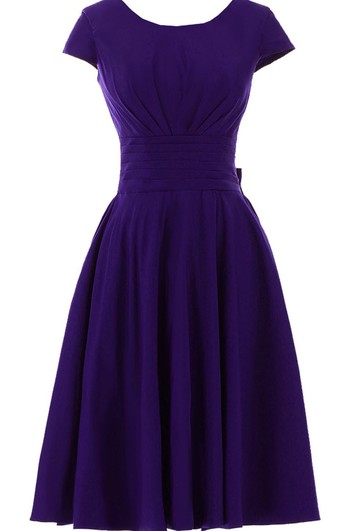 Short Sleeve Ruched Sash Midi-length Pleated Chiffon Dress